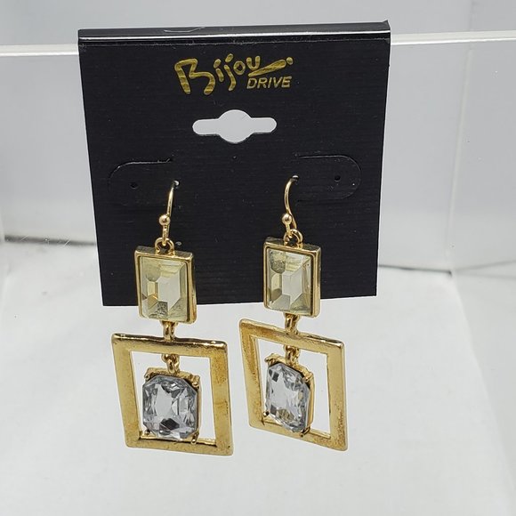 Bijou Drive gold modern rectangle drop fish hook earring with stone - Picture 2 of 5